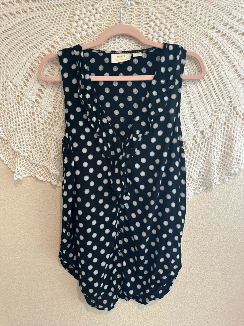Maeve Anthropologie Polka Dot Ruffle Blouse Sleeveless Black